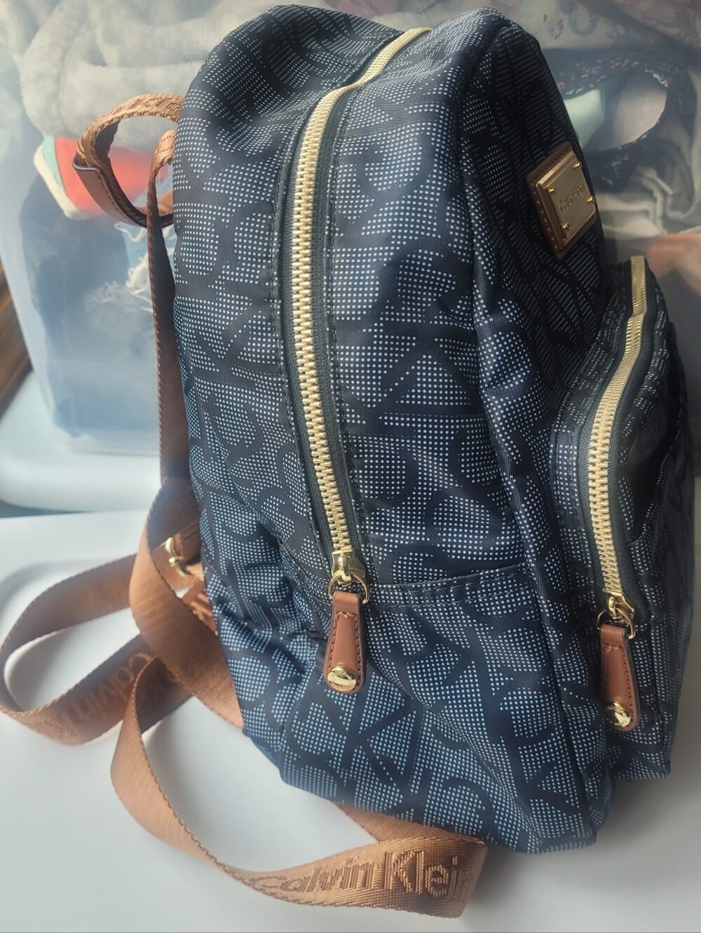 Calvin Klein Monogram Mini Backpack Navy Brown Gold Logo Everyday Travel Bag - Picture 5 of 5